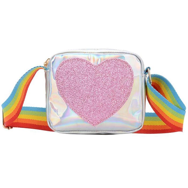 JienClound Trendy Girls Purse Sequin Heart Rainbow Shoulder Strap Crossbody Bags Handbag for Little Girls (Silver) - Image 1